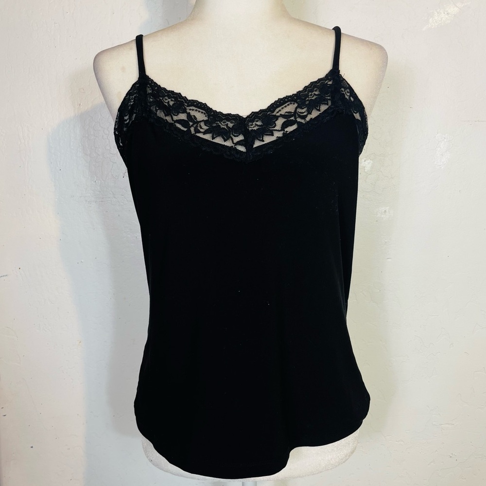 Y2K Carol Rose Size L  Black Lace Camisole Cami Tank Top Stretch Spaghetti Strap